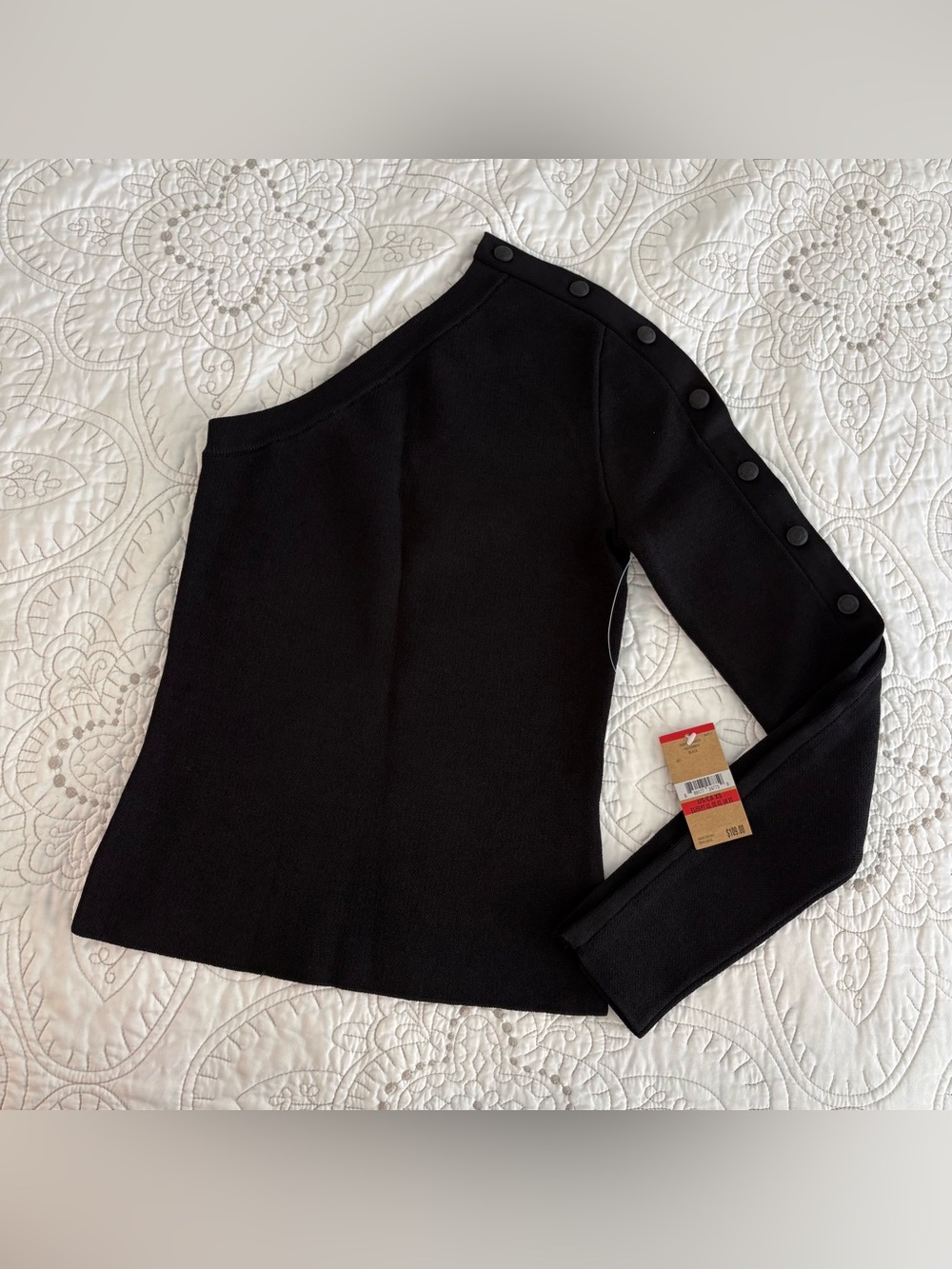 RACHEL Rachel Roy Black One Shoulder Button Accent Sleeve Knit Top